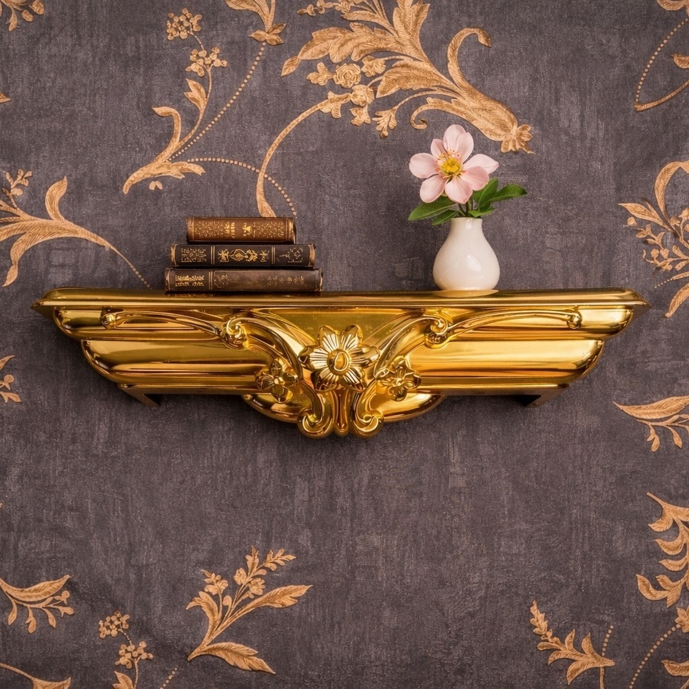 Vintage Syroco Plastic Gold Floating Wall Shelf with a Floral Motif